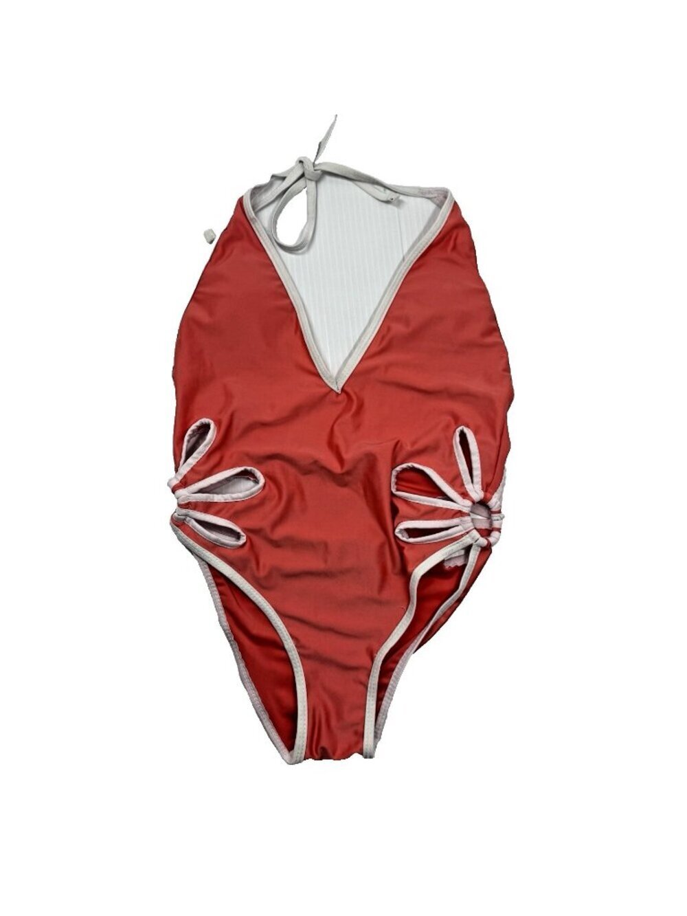 Coral White Trim Halter Plunge V Neck Side Cutout Tie Monokini Swimsuit Small